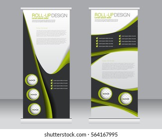 Roll up banner stand template. Abstract background for design,  business, education, advertisement.  Vector  illustration. Green and black color