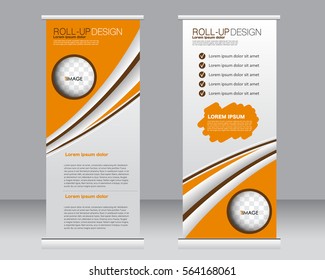 Roll up banner stand template. Abstract background for design,  business, education, advertisement.  Vector  illustration. Orange color