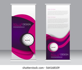 Roll up banner stand template. Abstract background for design,  business, education, advertisement.  Vector  illustration. Purple and pink color