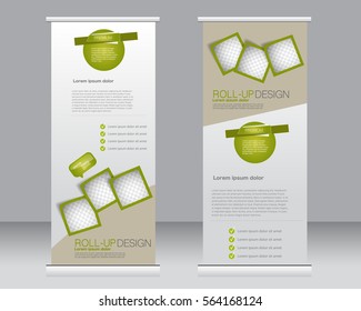 Roll up banner stand template. Abstract background for design,  business, education, advertisement.  Vector  illustration. Green color