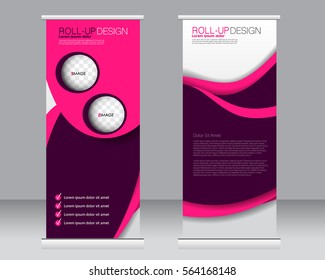 Roll up banner stand template. Abstract background for design,  business, education, advertisement.  Vector  illustration. Purple and pink color