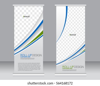 Roll up banner stand template. Abstract background for design,  business, education, advertisement.  Vector  illustration. Green and blue color