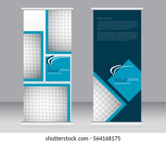Roll up banner stand template. Abstract background for design,  business, education, advertisement.  Vector  illustration. Blue color
