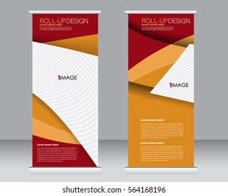 Roll up banner stand template. Abstract background for design,  business, education, advertisement.  Vector  illustration. Orange and red color