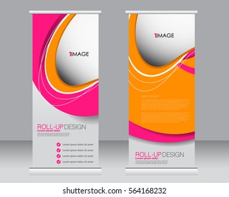 Roll up banner stand template. Abstract background for design,  business, education, advertisement.  Vector  illustration. Pink and orange color