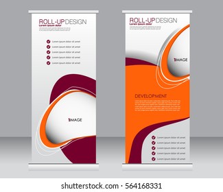 Roll up banner stand template. Abstract background for design,  business, education, advertisement.  Vector  illustration. Orange and red color