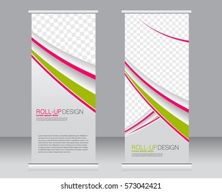 Roll up banner stand template. Abstract background for design,  business, education, advertisement.  Vector  illustration. Green and pink color