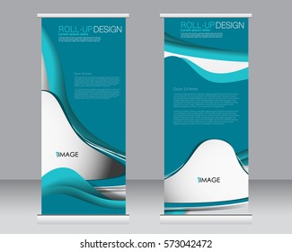 Roll up banner stand template. Abstract background for design,  business, education, advertisement.  Vector  illustration. Blue color