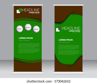 Roll up banner stand template. Abstract background for design,  business, education, advertisement.  Vector  illustration. Green and brown color