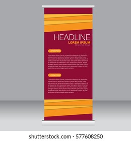 Roll up banner stand template. Abstract background for design,  business, education, advertisement. Red and orange color. Vector  illustration