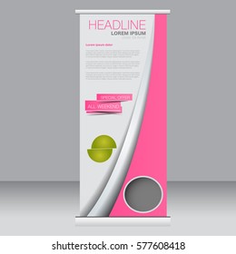 Roll up banner stand template. Abstract background for design,  business, education, advertisement. Pink and green color. Vector  illustration