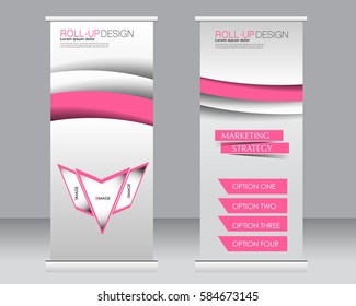Roll up banner stand template. Abstract background for design,  business, education, advertisement.  Vector  illustration. Pink color