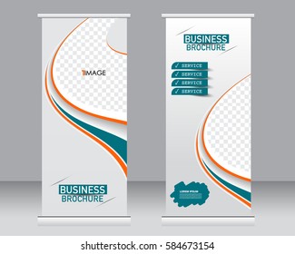 Roll up banner stand plantilla. Resumen de antecedentes para diseño, negocios, educación, publicidad.  Ilustración vectorial. Color naranja y verde