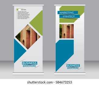 Roll up banner stand template. Abstract background for design,  business, education, advertisement.  Vector  illustration. Blue and green color