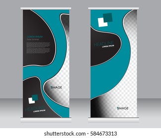 Roll up banner stand template. Abstract background for design,  business, education, advertisement.  Vector  illustration. Blue and black color