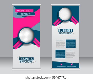 Roll up banner stand template. Abstract background for design,  business, education, advertisement.  Vector  illustration. Blue and pink color