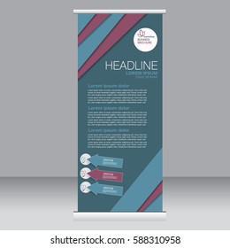 Roll up banner stand template. Abstract background for design,  business, education, advertisement. Blue and red color. Vector  illustration.