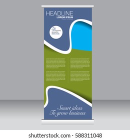 Roll up banner stand template. Abstract background for design,  business, education, advertisement. Blue and green color. Vector  illustration.