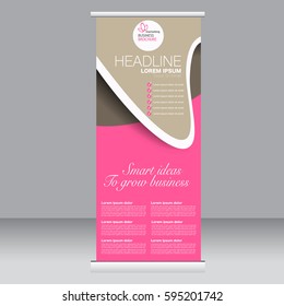 Roll up banner stand template. Abstract background for design,  business, education, advertisement. Pink and brown color. Vector  illustration.