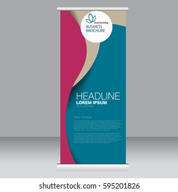 Roll up banner stand template. Abstract background for design,  business, education, advertisement. Blue and red color. Vector  illustration.