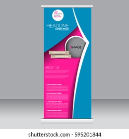 Roll up banner stand template. Abstract background for design,  business, education, advertisement. Blue and pink color. Vector  illustration.