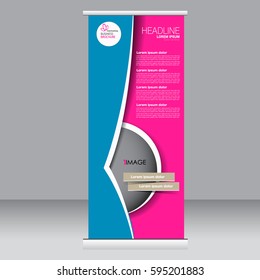 Roll up banner stand template. Abstract background for design,  business, education, advertisement. Blue and pink color. Vector  illustration.