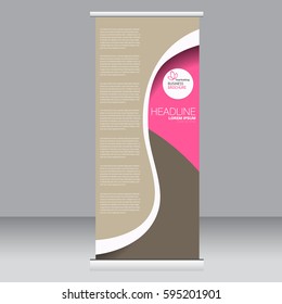 Roll up banner stand template. Abstract background for design,  business, education, advertisement. Pink and brown color. Vector  illustration.