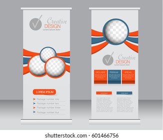 Roll up banner stand template. Abstract background for design,  business, education, advertisement.  Orange and blue color. Vector  illustration.