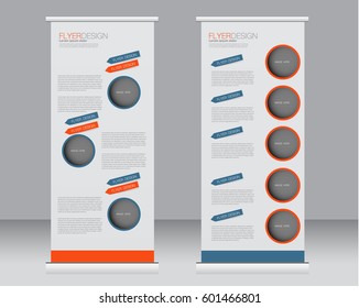 Roll up banner stand template. Abstract background for design,  business, education, advertisement.  Orange and blue color. Vector  illustration.