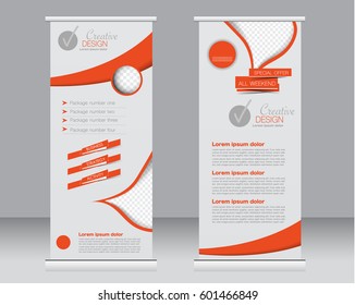 Roll up banner stand template. Abstract background for design,  business, education, advertisement.  Orange color. Vector  illustration.