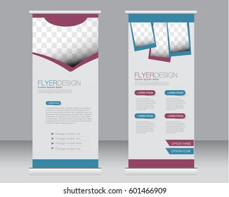 Roll up banner stand template. Abstract background for design,  business, education, advertisement.  Blue and red color. Vector  illustration.