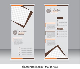 Roll up banner stand template. Abstract background for design,  business, education, advertisement.  Brown and orange color. Vector  illustration