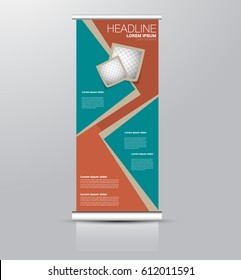 Roll up banner stand template. Abstract background for design,  business, education, advertisement. Green and red color. Vector  illustration.