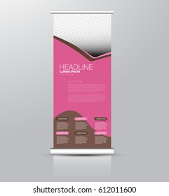 Roll up banner stand template. Abstract background for design,  business, education, advertisement. Pink and brown color. Vector  illustration.