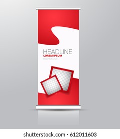 Roll up banner stand template. Abstract background for design,  business, education, advertisement. Red color. Vector  illustration.