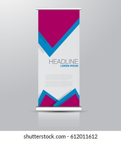 Roll up banner stand template. Abstract background for design,  business, education, advertisement. Pink and blue color. Vector  illustration.