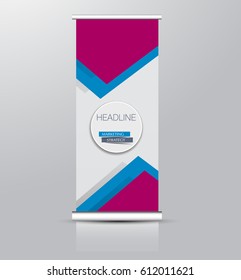 Roll up banner stand template. Abstract background for design,  business, education, advertisement. Pink and blue color. Vector  illustration.
