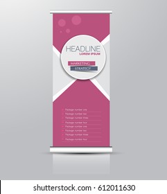 Roll up banner stand template. Abstract background for design,  business, education, advertisement. Pink color. Vector  illustration.