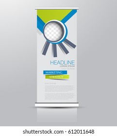 Roll up banner stand template. Abstract background for design,  business, education, advertisement. Blue and green color. Vector  illustration.