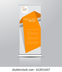 Roll up banner stand template. Abstract background for design,  business, education, advertisement. Orange color. Vector  illustration.