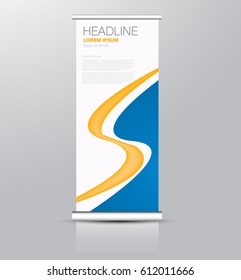 Roll up banner stand template. Abstract background for design,  business, education, advertisement. Blue and yellow color. Vector  illustration.