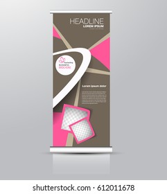 Roll up banner stand template. Abstract background for design,  business, education, advertisement. Pink and brown color. Vector  illustration.