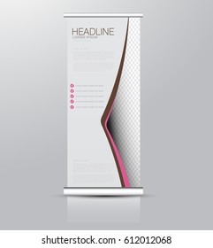 Roll up banner stand template. Abstract background for design,  business, education, advertisement. Pink and brown color. Vector  illustration.
