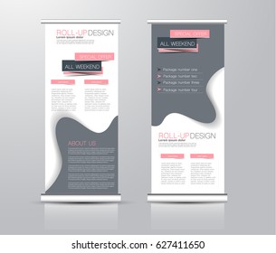 Roll up banner stand template. Abstract background for design,  business, education, advertisement.  Grey color. Vector  illustration