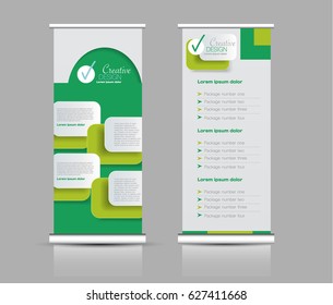 Roll up banner stand template. Abstract background for design,  business, education, advertisement.  Green color. Vector  illustration