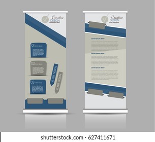 Roll up banner stand template. Abstract background for design,  business, education, advertisement.  Blue and brown color. Vector  illustration