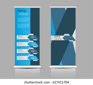 Roll up banner stand template. Abstract background for design,  business, education, advertisement.  Blue color. Vector  illustration