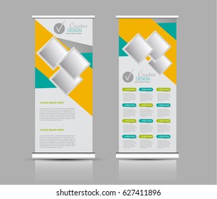 Roll up banner stand template. Abstract background for design,  business, education, advertisement.  Green and orange color. Vector  illustration