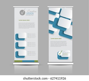 Roll up banner stand template. Abstract background for design,  business, education, advertisement.  Blue and green color. Vector  illustration