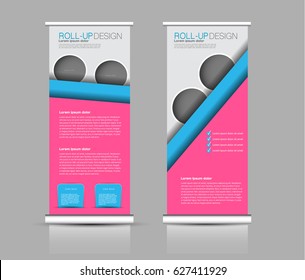 Roll up banner stand template. Abstract background for design,  business, education, advertisement.  Blue and pink color. Vector  illustration